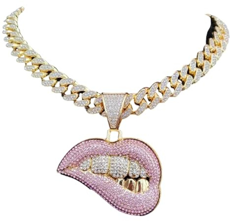 BISONBLUE Kette Damen Halskette Anhänger Frauen Mädchen Damenhalskette Männer Frauen Hip Hop Biss Lippe Form Halskette Kristall Iced Out Bling Hiphop Halsketten Mode