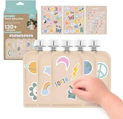 Cherub Baby On The Go Wiederverwendbare, auslaufsichere Aufbewahrung von Babynahrung, 150 ml, für Babynahrung, Joghurtbeutel, Aufkleber-Set (5 Stück) (Retro-Regenbogen)