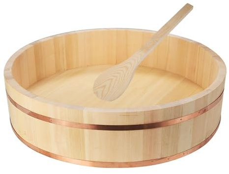 YiAndeli 9 Sizes Sushi Rice Bowl Japanese Wooden Hangiri Sushi Rice Mixing Bowl Tub with Copper Band for Sushi Restaurant Home Kitchen 1,52x13cm