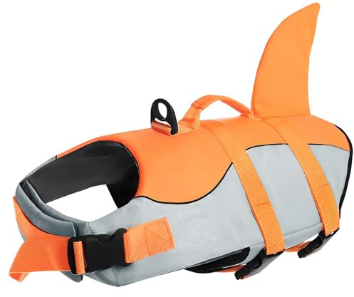 Voarge Giubbotti di salvataggio per cani squalo, Salvagente Cane Squalo con Manico e Catarifrangente, Pet Gilet di sicurezza Costumi da bagno Dog Life VestGrigio, S M (Orange, M)