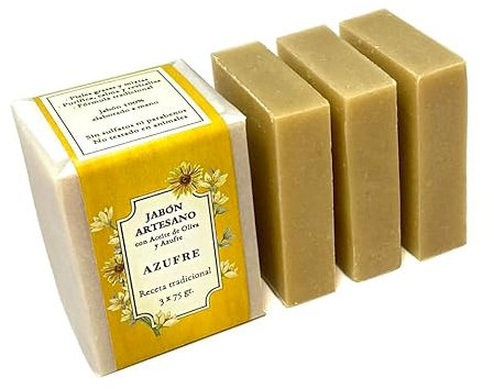 CABRERIZO SOAP JABON DE AZUFRE NATURAL - Jabón de Azufre, 3 ud. de jabón antibacterial - Jabon azufre 3 x 75 g. - Limpiador facial, Jabones artesanales acne espalda - puntos negros, acné y dermatitis