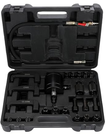 ISINEVER 24tlg. Pneumatischer Diesel Injektor Abzieher – Einspritzdüsen Abzieher Werkzeug Set mit 19 Adaptern & 3 Injektor-Zugklauen (12 mm, 13,5 mm, 16 mm) – Kompatibel mit Bosch – Common Rail CDI