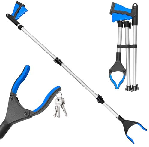 Bellanova Multifunktionaler Faltbare Greifer, 110cm Extra Langer Greifzange für Senioren, Drei-Faltbare Müllzange, 360° Drehbarer Kopf, Greif-Werkzeug mit Magnetspitzen (Blaue)