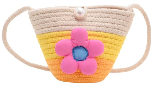 YGCHEN Bolsa de Bandolera de Paja, Bolso de Paja de Flores Bohemia para Niñas Niños, Bolsa de Playa Tejido de Verano, para Playa, Viajes y Vacaciones