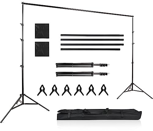 Bonnlo 2,6 x 3 m Verstellbarer Hintergrund Ständer für Fotografie, Fotohintergrund mit 6 Fischmaul Klemmen, 2 Sandsäcken und Tragetasche, Hintergründe für Fotostudios, Party, Hochzeit