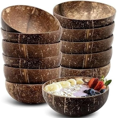 YFNVH 12er Set Kokosnuss Schalen 450 ml Polierte Kokosschalen Schüssel Set | Kokosnuss Schalen Deko, Kokosschale, Kokosschale Bowl für Smoothie Salat Ideal als vegane Geschenke Küchen Deko Coconut Bowls