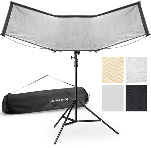 K&F CONCEPT Curved Reflector, Quick-Open Clamshell Light Reflector with Stand & Carrying Bag – 48x26 U-Shape Photography Diffuser for Studio Portrait & Video Shooting, 4-in-1 Black/White/Silver/Gold