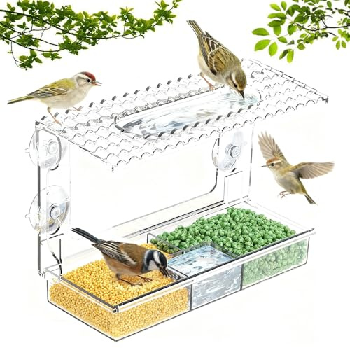 Vogelfutterhaus Fenster Saugnäpfe,Vogelfutterspender Fenster 24x16x11cm,Vogelhaus Fensterbrett mit Abnehmbar Futterspender,Transparente Fenster Vogelfutter,Durchsichtiges Vogelhaus Fenster,Futterhaus