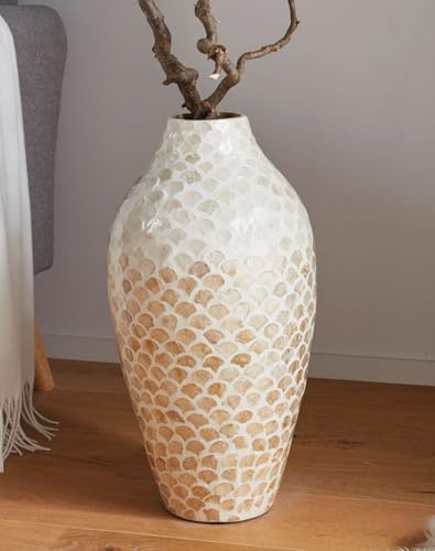 Dekoleidenschaft große Dekovase Capiz Bodenvase aus Bambus 50 cm hoch, Blumenvase mit Muscheln, Vase für Trockenblumen, Gräser, Äste