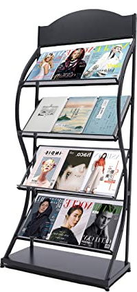 Wisteriariy Floor Standing Magazine Display Rack, 4-Tier Brochure Display Stand, Iron Leaflet Literature Newspaper Display Stand for Reception Rooms Exhibition Trade Show Office Hotel (Black)