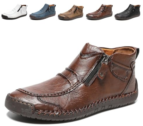 Stivali da Uomo in Pelle Ortopedici Slip-on, Stivali da Guida Slip-on in Pelle Pregiata Fatti A Mano da Uomo, con Cerniera Laterale, Punta Larga(Brown,41 EU)