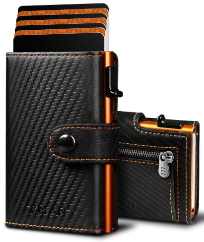VMAN Geldbörse Herren, Slim Wallet mit Münzfach, RFID Schutz, Premium Leder Portmonee Geldbeutel für 8–11 Karten, Kleines Kartenetui für Alltag & Reise - Carbon Orange