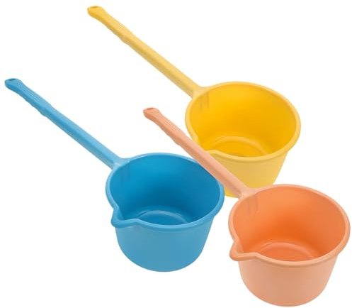 Genérico Cucharones de Plástico 3 Piezas Mango Largo Ergonómico, Colores Amarillo Rosa y Azul, para Cocina, Regar Plantas y Uso en Baño, Utensilios Multiusos para Hogar y Restaurante