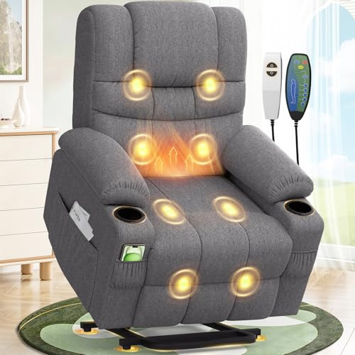 SQUEBILIFE Fernsehsessel Relaxsessel mit 45°Aufstehhilfe, Elektrisch TV-Sessel Wohnzimmer-Sessel mit Massagefunktion & Lendenwirbelheizung, Typ-C + USB-Anschlüsse, 2 Getränkehalter & 4 Seitentaschen