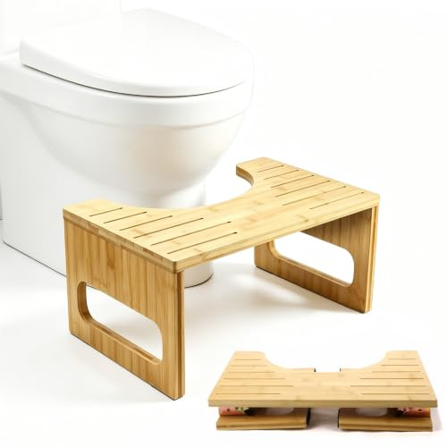 sudatong Tabouret de toilette en bambou naturel pour adultes – Tabouret pliable avec surface antidérapante, ergonomique et respectueux de l'environnement, pliable peu encombrant, idéal pour salle de