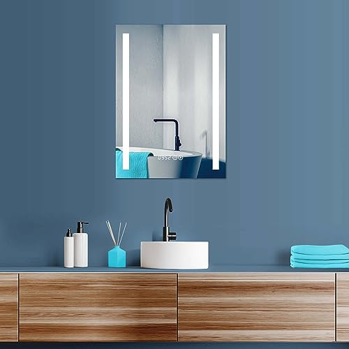 HOKO® LED-badrumsspegel 50 x 70 cm. Modern badrumsspegel med klocka. Designbadrumsspegel med belysning och med touch-strömbrytare LED-ljusbyte – varmvit – kall vit – neutral