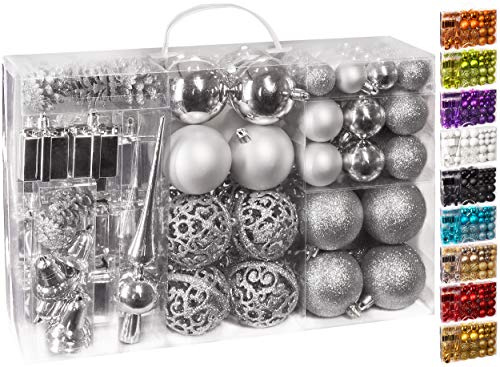 Brubaker Set di 100 Accessori Decorativi per L'Albero di Natale - addobbi Natalizie in Color Argento - Diverse Forme di Palline ed Un Puntale per Albero di Natale