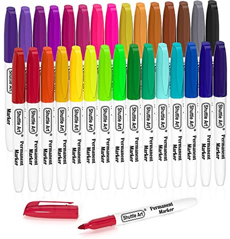 Shuttle Art Permanent Marker fein, 30 Permanent Marker bunt mit feiner Spitze, wasserfeste Stifte, Folienstift permanent, Filzstifte, für Kunststoff, Stein und Glas zum Bemalen und Färben geeignet.