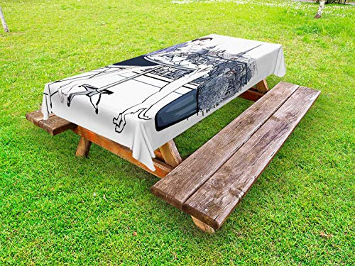 ABAKUHAUS Urbano Tovaglia da Esterno, Donna la Prima Colazione Paris, Tovaglia da Picnic Lavabile Decorativa, 145 cm x 210 cm, Indigo Viola Blu Bianco