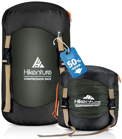 Hikenture Compression Sack for Sleeping Bag, Upgrade Anti-Tear Nylon Sleeping Bag Stuff Sack, 10L/14L/20L/30L Water-Resistant Compression Bag, Storage Bag (Dark Green, 20L)