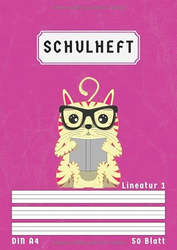 Schulheft A4 Lineatur 1: Liniert 50 Blatt | 1 Klasse Schreibheft Din A4 Lineatur 1 mit Kontrastlineatur | Homeschooling und Schulanfang | Rosa