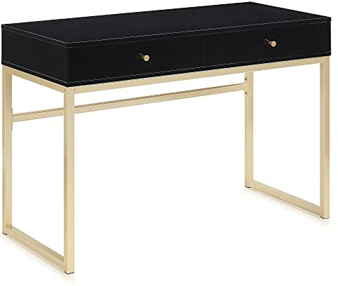 BELLEZE Modern 42 Inch Makeup Vanity Dressing Table or Home Office Computer Laptop Writing Desk with Two Storage Drawers, Wood Top, and Gold Metal Frame - Bronte (Black)