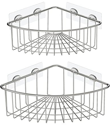 HEETA Corner Shower Caddy Deep Basket, Wall Mounted Bathroom Shelf, Rustproof Storage Organizer Adhesive Shower Caddy Basket for Bathroom, Toilet and Kitchen 2 Pack (Silver)