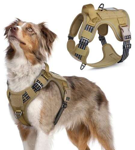 rabbitgoo Hundsele medium, taktisk justerbar dragsele, militär hundsele med molle-panel, reflekterande mjuk vadderad husdjursväst med enkelt kontrollhandtag för promenadträning, brun, M