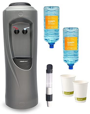 Hydrate Direct Core Water Cooler Package 2 | Water Dispenser Plus 2 x 15L Bottles of Natural Mineral Water, 1000 x Bio Cups and Cup Dispenser - Hot & Chilled Temperature, Grey/Black