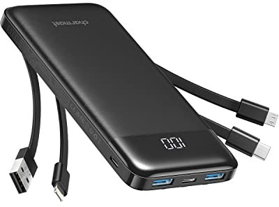 Charmast Power Bank 10000mAh con Cavi Integrati,Caricatore Portatile USB C 5V/3A Powerbank LED Display con 6 Uscite e 3 ingressi per iPhone Huawei Xiaomi