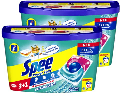 Spee Power Caps 3+1 Frische-Kick, 36 (2 x 18) Waschladungen, Vollwaschmittel für Reinheit, Strahlkraft & hygienische Frische zum schlauen Preis, Waschmittel mit Extra Frische-Effekt, 20–95 °C