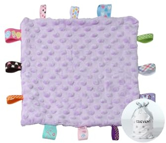 CREVENT Fleece Plush Tag Security Blankets for Babies, Soft Small Loveys for Girls, Baby Comforter Sensory Blanket, Great Gifts for Birthday Baby Shower (24.5X24.5cm Purple Tag)