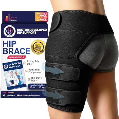 Dr.Arthritis Doctor Developed Strengthening & Stabilizing Hip Brace for Men & Women W/Doctor Handbook - Hip Brace for Sciatica Pain Relief - Compression Wrap for Hip Pain - (L/XL, Black Left)