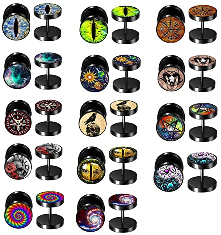 Suotarn 28pcs Cheater Fake Ear Plugs Satinless Steel Gauges Illusion Tunnel Piercing Stud Screw Earrings 14Style (28pcs Black)