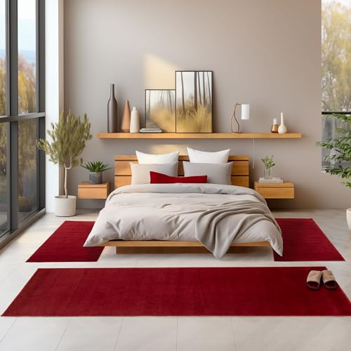 SIMPEX Set di 3 Tappeti Corridori da Camera da Letto in Tinta Unita a Pelo Corto in Polipropilene con Retro in Feltro Colore: Rosso
