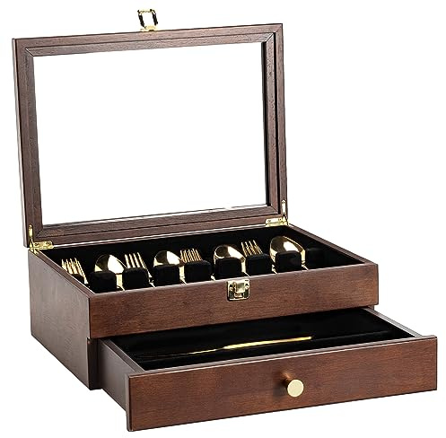 Yoimori Silverware Box, 2-Layer Wooden Silverware Storage Box with Glass Lid, 14.5×10.6 Inches Luxury Style Decor Flatware Storage Case for Fine Flatware & Utensils, Gift Idea (Walnut)