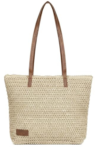 Woodland Leathers Women's Straw Shoulder Bag, Medium & Large Summer Beach Tote with Zipper, Durable Leather Handles, Women Holiday Shoulder Bag with Versatile Styles and Colours (06_Beige)