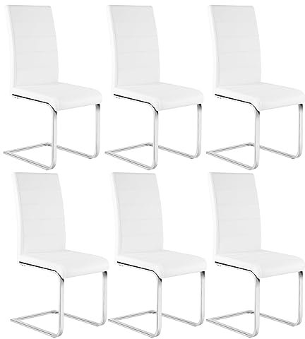 WOLTU Esszimmerstühle 6er Set, Schwingstuhl, Freischwinger Stuhl, Küchenstuhl, Polsterstuhl, mit hoher Rückenlehne, Kunstleder, für Esszimmer Esstisch Küche Wohnzimmer Büro, Weiß, BH378ws-6
