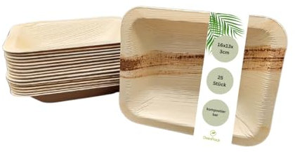 DeinPack 25 Palmblatt Teller eckig 16x13x3cm | Bio Einweggeschirr biologisch abbaubar | Partygeschirr | Einmalgeschirr | Wegwerfgeschirr | Snackschale | Teller kompostierbar