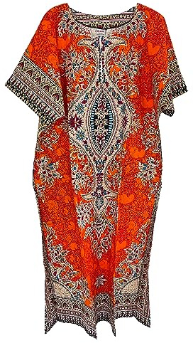 Langes Kaftan-Kleid für Damen, Baumwolle, für den Sommer, afrikanisches Dashiki, Strandkleid, Einheitsgröße, Orange, Einheitsgröße