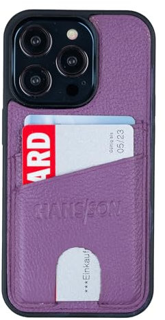 HANS/SON Étui en cuir avec deux emplacements pour cartes | iPhone 14 Pro | Mauve | Cuir véritable | 6,1 pouces | Slim | Étui pour cartes de crédit | Anti-chocs | Étui 2 en 1 | Étui pour téléphone