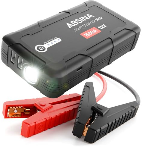 ABSINA Auto Starthilfe Powerbank 1500A - 12V Starthilfegerät geeignet für 6L Benzin & 4L Diesel - KFZ Starter Powerbank mit 2 USB Ports & Taschenlampe - Jump Starter, Auto Booster Starthilfe PKW