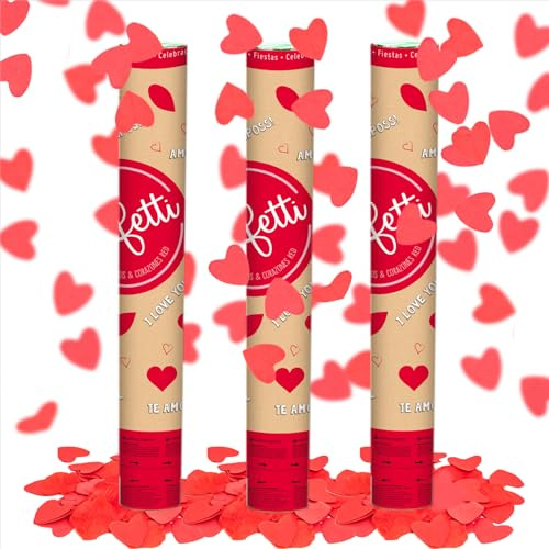 OH YEAH - 3 Unidades - Cañón Confeti Corazones y Pétalos Rojos - 40 cm - Fiestas y Celebraciones - Ideal para Bodas, Cumpleaños, Eventos y Despedidas - Gran Potencia de Alcance - FÁCIL DE USAR