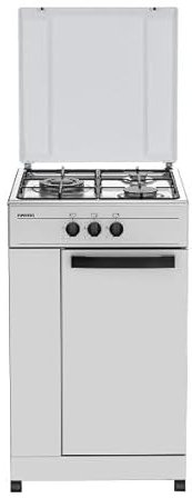 INFINITON Cocina de Gas Sin Horno CC3FB, 3 Zonas, Compartimento porta-bombonas, 50 cm de Ancho, Superficie de cocción de acero esmaltada en Blanco