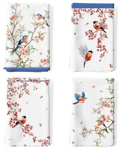 Arquiel Küchentücher Baumwolle 4 Stück, Geschirrtücher 100% Baumwolle Aquarell Blumen und Vögel Küchenhandtuch Set Multi-Purpose Hochwertige Küche Trockentuch Bar Handtücher 50 x 70CM