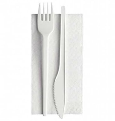 25/50/100/250 BIS DI POSATE IMBUSTATE CON TOVAGLIOLO - monouso - biodeagradabili - SET BIANCO Posate compostabili 100% Naturale (250 PEZZI)