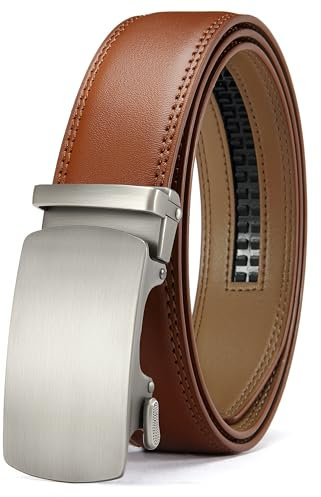 YOETEY Automatik Gürtel Herren Leder Braun ohne löcher, Ledergürtel Herren Braun Ratsche Automatikschließe für Herren 35mm Business Anzug, Herrengürtel Stufenlos Verstellbar