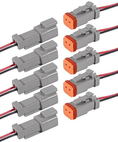 ALAMSCN 5 Sets 2 Polig DT Stecker DT Steckverbinder Wasserdichter Stecker und Buchse Deutsch Stecker Elektrischer Steckverbinder mit 15cm 16AWG Kabel für Motorräder, Auto, LKW, Boot