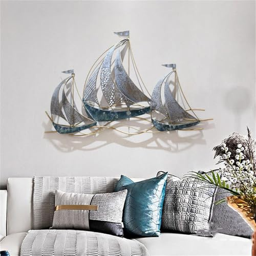 D,Wanddekoration aus Metall mit Segelbooten, 3D-Wandskulpturen mit nautischen Schiffen, Wanddekoration aus Metall für Strand, Küsten-/nautische Wandkunst aus Metall, handgefertigtes Hängeornament