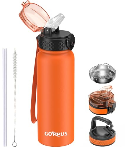 GOPPUS 600ml/20oz Stainless Water Bottle with Straw Double Wall Insulated Bottles with Strap One Hand Open Vacuum Thermal Flask Leakproof Keep Cold Drinks Bottles BPA Free for Adults (Orange)